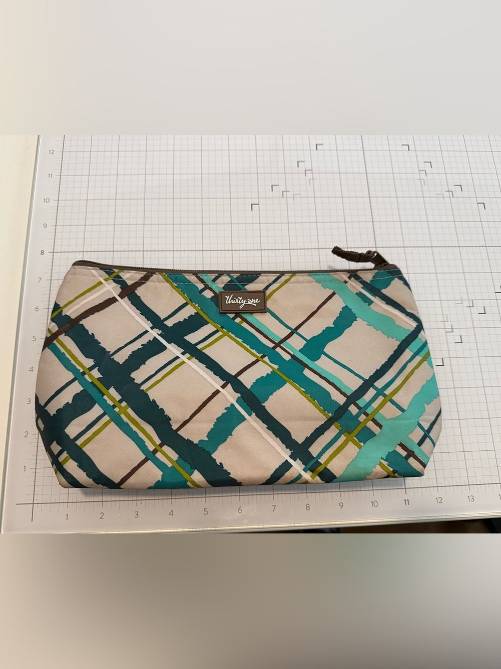 thirty-one Thermal Bag Teal, Aqua & Cream Abstract Plaid Zip Pouch